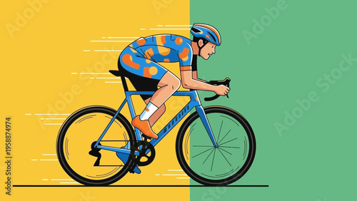 Vector illustration of a male road cyclist in action, riding a racing bike against a dynamic split background, symbolizing speed and competitive spirit