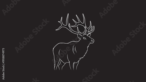 Minimalist white outline illustration of a majestic stag with large antlers, standing proudly against a dark background, evoking a sense of wild nature and untamed beauty