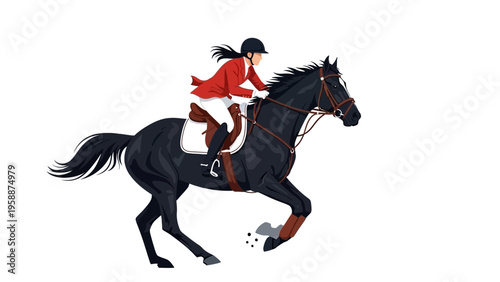 Equestrian rider in a red jacket and white breeches on a dark horse galloping with a white background, equestrian sport illustration