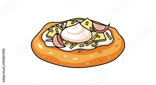 A cartoon illustration of a delicious hot dog with toppings on a bun