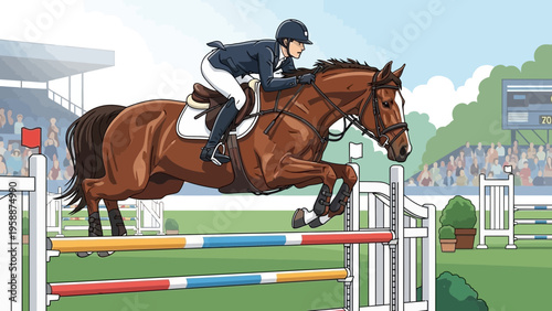Horse jumping competition with rider clearing an obstacle at a stadium, equestrian sport event