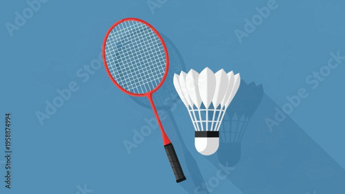 Red badminton racket and white shuttlecock on a blue background, sports equipment illustration