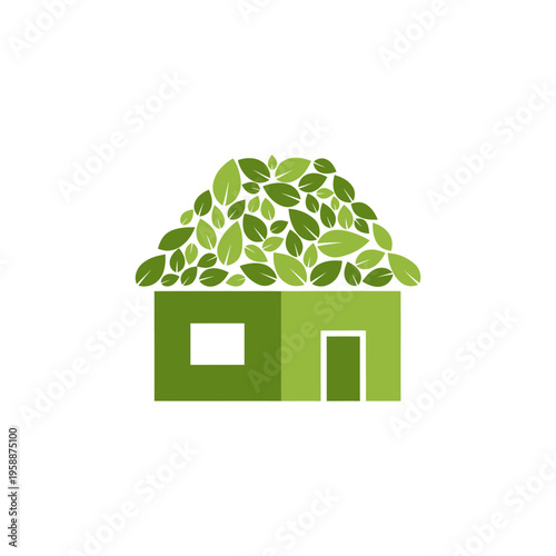 flat minimalist icon of eco house with leaf roof, solid green tones