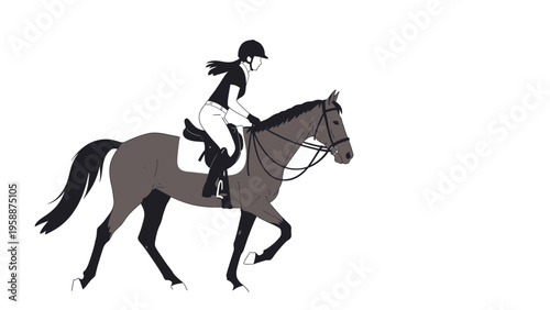 Equestrian illustration of a woman riding a horse at a trot, captured from the side on a white background