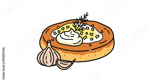 A vector graphic illustration of a delicious bagel with cream cheese and garlic