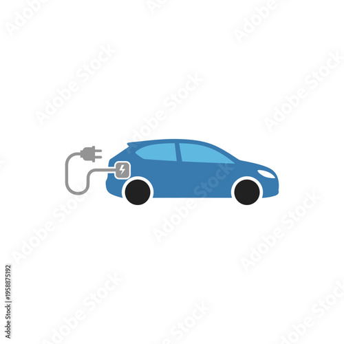 flat icon of electric car with charging plug, solid colors