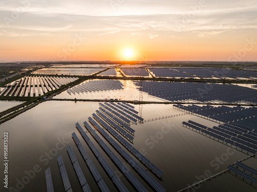 Solar photovoltaic panels on the water in the evening