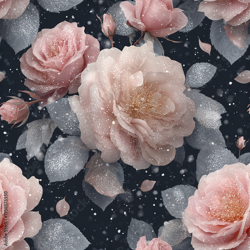 Luxury winter floral seamless pattern with blush pink roses and icy silver leaves on dark background, creating delicate and elegant atmosphere with soft snowflakes falling gently