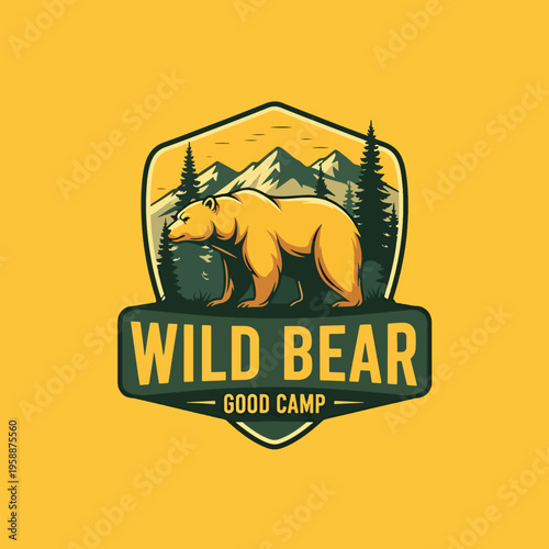 Iconic Wild Bear Forest Mountain Camp Badge Design for Outdoor Adventures
