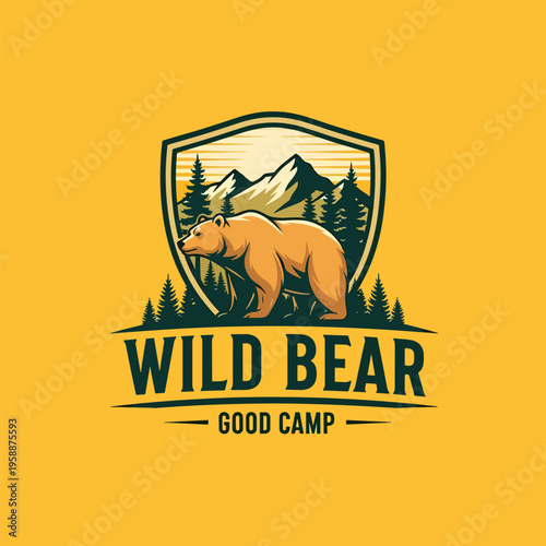 Wild Bear Emblem Illustrating Mountain Forest Outdoor Adventure and Camping Vector Art