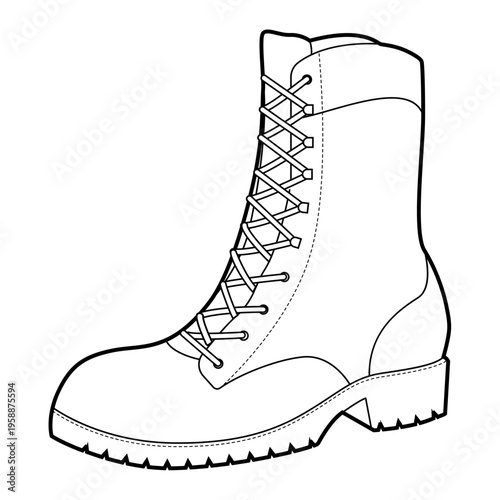 Lace-up lug sole boot women single line pair. Chunky tread with front lacing for expedition, nature walk. Technical fashion illustration CAD mockup clean vector men unisex isolated classic style.