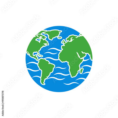 semi-flat icon of globe with water waves, solid blue and green palette