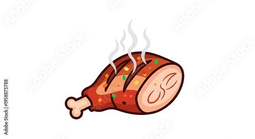 A vector graphic illustration of a delicious roasted chicken leg with seasonings and steam rising from it, perfect for food or restaurant concepts.