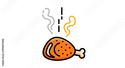 A vector graphic illustration of a roasted chicken leg with smoke rising, symbolizing a delicious meal.