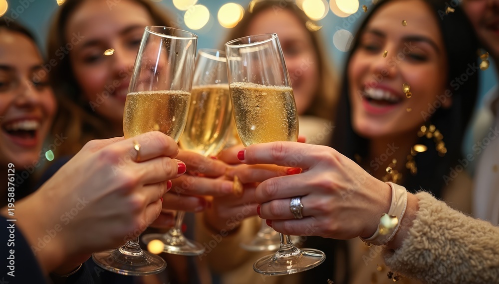 Fototapeta premium Friends clink champagne glasses filled with bubbly drink. Confetti falls on women celebrating new year or special event. People smile at party, share happy moments together.