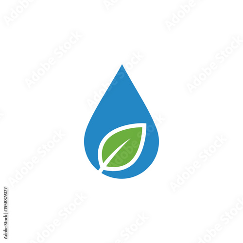 flat minimalist icon of water drop with leaf inside, solid blue and green colors