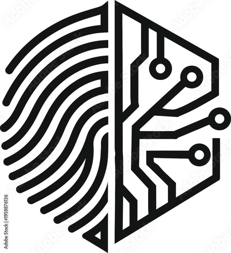 Black fingerprint merged with circuit board black and white technology biometric