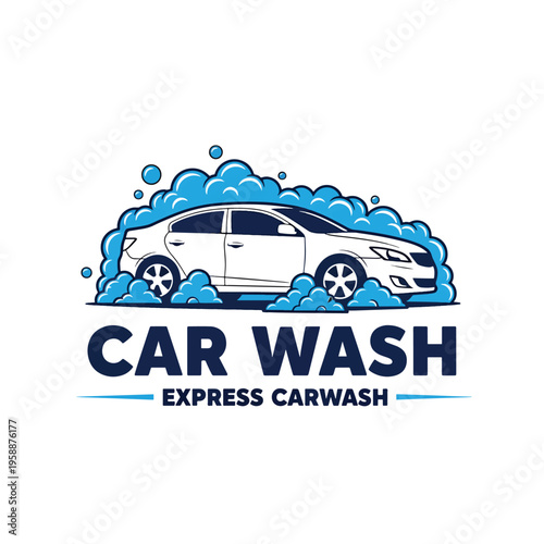 Express Vehicle Cleaning Service Emblem with Bubbles - Dynamic Automotive Washing Illustration