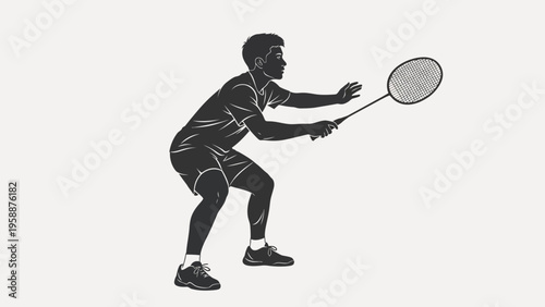 Dynamic black and white illustration of a male badminton player in a ready stance, poised to return a shuttlecock during a competitive game, showcasing agility and focus