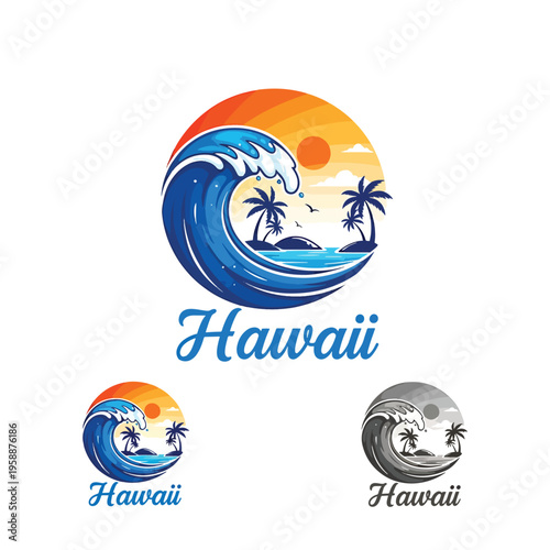 Vibrant vector graphic portraying a powerful ocean wave crashing near tropical islands with swaying palm trees under a radiant sunset, ideal for a Hawaiian travel theme.