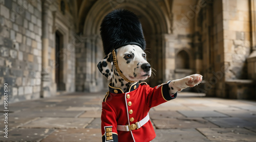 Dalmatian dog dressed in a traditional British royal guard uniform. Cute spotted pet wearing a red tunic and black bearskin hat pointing its paw in a historic stone courtyard