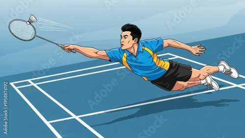 Dynamic Badminton Player Executes a Powerful Dive Smash on a Brightly Lit Court