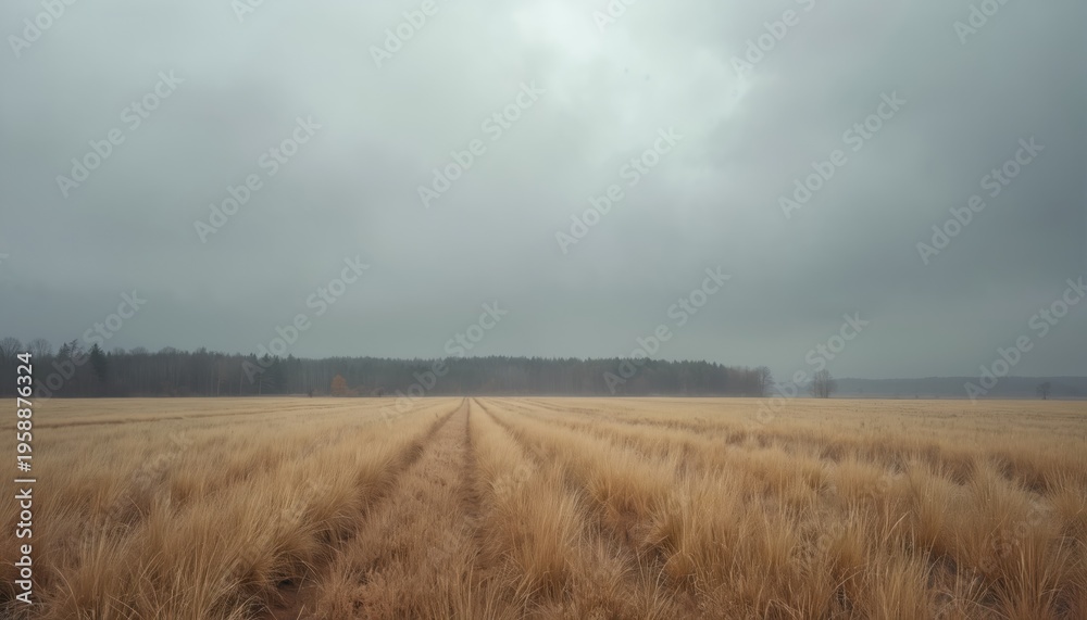 Fototapeta premium Vast dry grass field under heavy grey overcast sky. Tall forest lines distant horizon. Muted natural landscape offers quiet solitude and peaceful atmosphere.