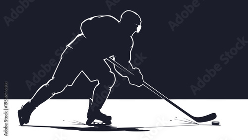Dynamic silhouette illustration of an ice hockey player swiftly gliding across the ice, stick in hand, capturing the intense energy and competitive spirit of this thrilling winter sport