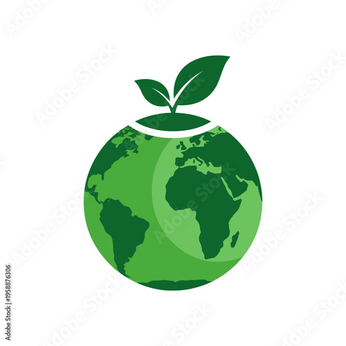 flat semi-flat vector icon of green earth globe with small leaf growing