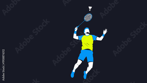 Dynamic badminton player executes a powerful jump smash, capturing the athletic intensity and strategic agility of the sport in a stylized graphic illustration with ample copy space