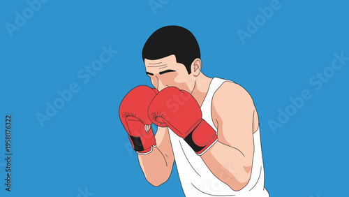 Vector illustration of a male boxer in a defensive guard position. The athlete is wearing red boxing gloves and a white tank top, isolated on a blue background