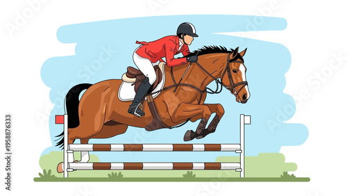 Dynamic illustration of a skilled rider and a powerful horse gracefully leaping over an obstacle during an equestrian show jumping event, showcasing agility and precision in competition