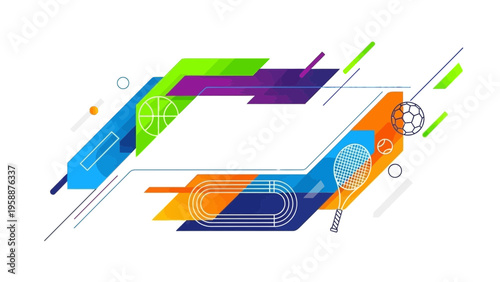Abstract sports background with vibrant geometric shapes and line icons of various athletic disciplines. Modern vector frame for competition or event promotion