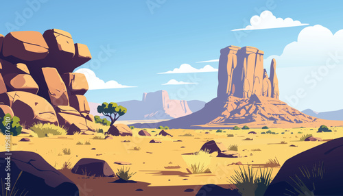 Wide arid plain with rugged rock monument and scattered shrubs distant hills and clean sky