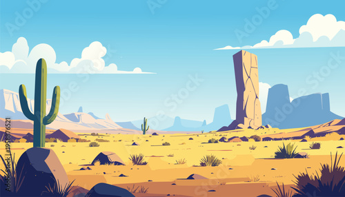 Illustrated desert view with golden ground rocky structures and mountain horizon under soft clouds