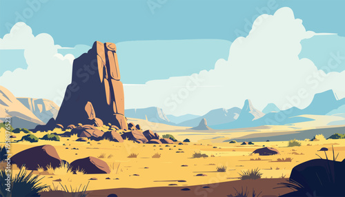 Open desert terrain with sandstone pillar small rocks and grass patches with mountain backdrop