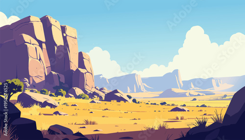 Dry wilderness landscape showing tall standing rock formations sparse vegetation and distant mountains