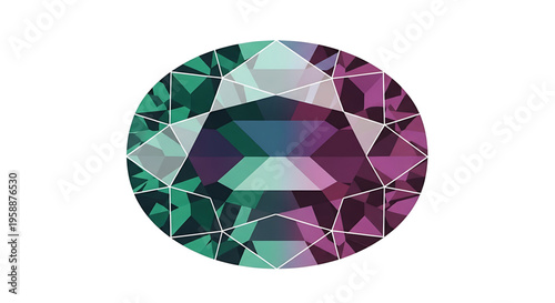 A colorful gemstone vector graphic with a faceted design and a mix of green and purple hues