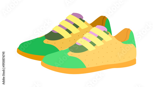 Velcro sneaker shoe flat pair. Comfortable easy on sport footwear for city walk, playground, modern casual style for man woman unisex. Technical fashion illustration, CAD mockup, soft vector isolated.