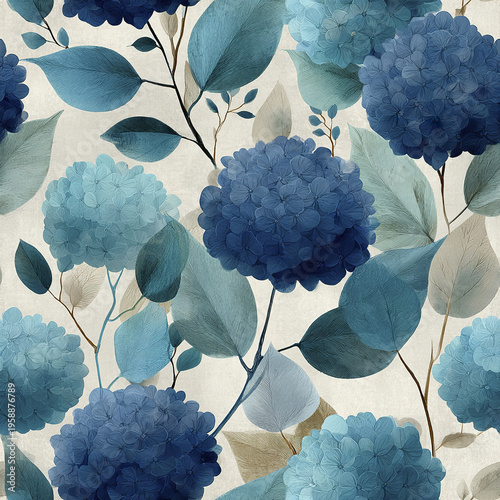 Blue hydrangea flowers with detailed leaves in soft and deep blue tones create calming and elegant floral pattern on light background