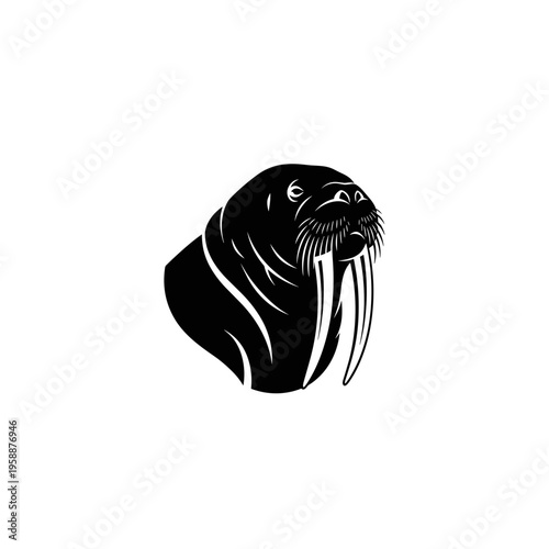 Black walrus head with tusks illustration.