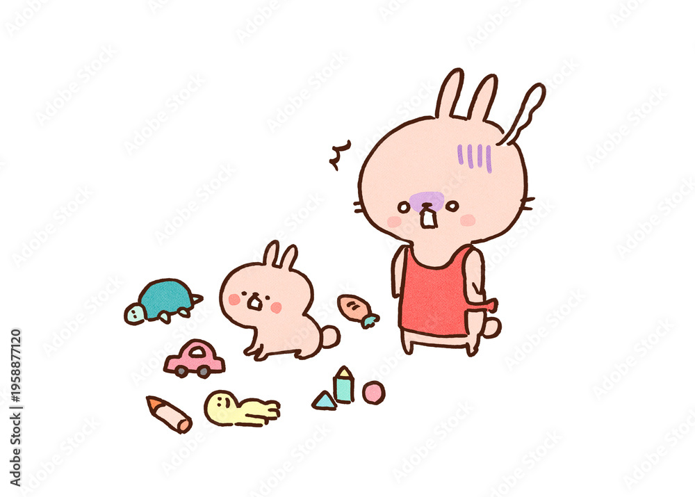 Fototapeta premium Cute parent rabbit overwhelmed by a messy kid's room full of toys, parenting fatigue and cleaning concept