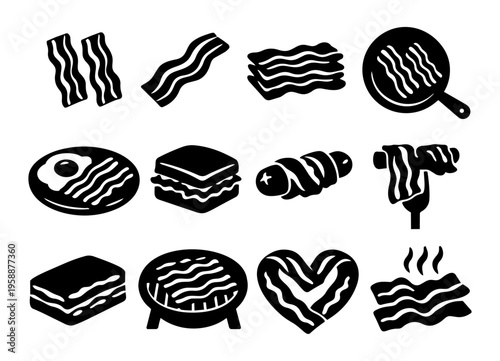Bacon Silhouettes Set - Breakfast Food, Fried Bacon, Meat and Cooking Icons