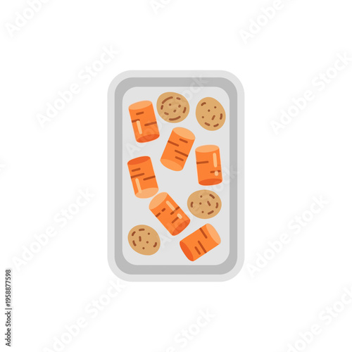 A flat illustration of a tray containing cooked carrots and potatoes, suitable for food-related content