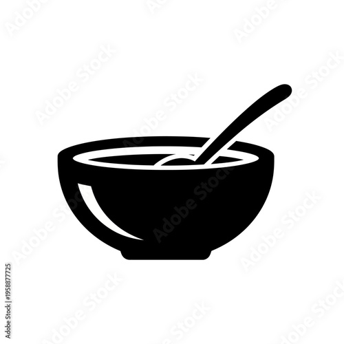 Simple black and white icon representing a bowl of soup with a spoon, ideal for culinary or food-related graphics