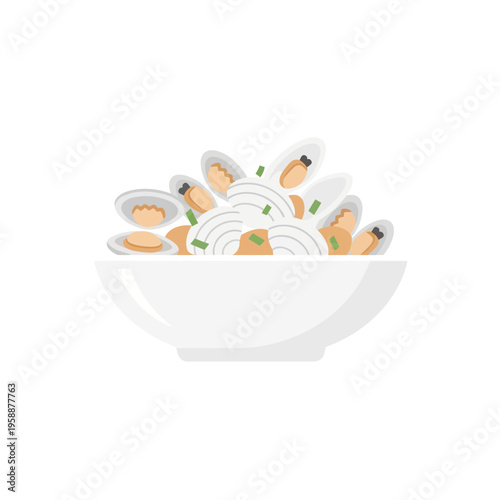 A delicious bowl of mussels prepared and garnished, served in a white dish