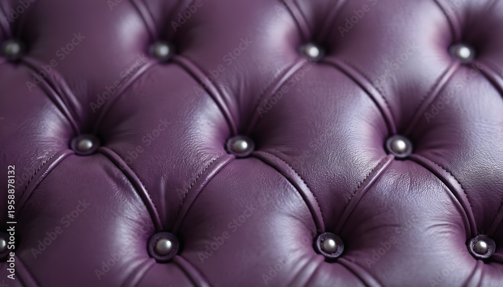 Fototapeta premium Tufted purple leather upholstery with metal buttons. Deep dimples create a diamond pattern. Rich texture adds luxury. Perfect for furniture.