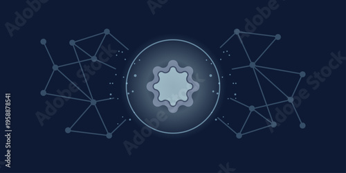 Identity token badge. Rounded geometric token with circular authentication ring. Connected verification network and signal particles. Digital identity validation infrastructure visualization.