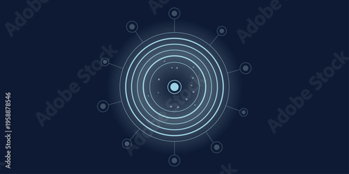 Authentication gateway ring. Circular identity verification portal with concentric rings and central access node. Connected network nodes and flowing signal particles.