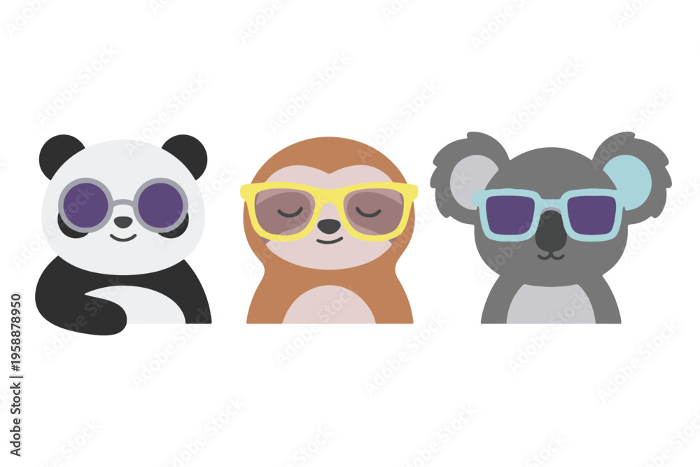Naklejka premium Cute Panda, Sloth, and Koala Characters Wearing Sunglasses, Cool Summer Animals Head Set, Flat Vector Illustration for Kids Fashion and Stickers